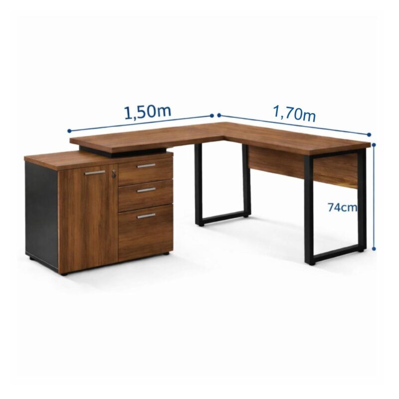 Móveis para Escritório Mesa Escritório em "L" - 1,70x1,50m (Extensível) - com Armário Misto (03 Gav.) - Nogal / Preto - 31603