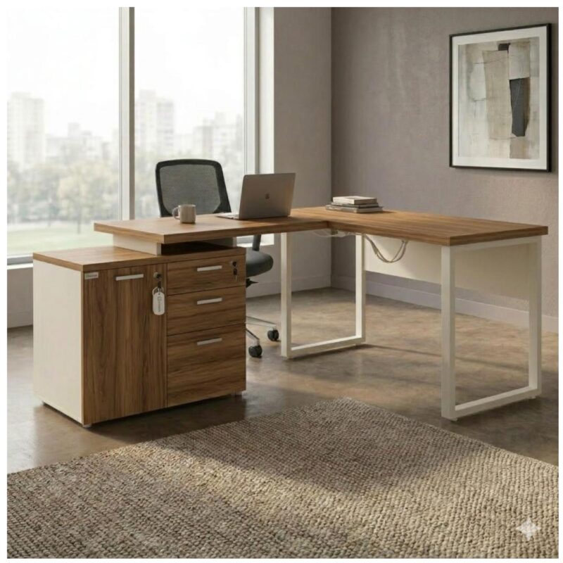 Móveis para Escritório Mesa Escritório em "L" - 1,70x1,50m (Extensível) - com Armário Misto (03 Gav.) - Sevilha / Champanhe - 34604