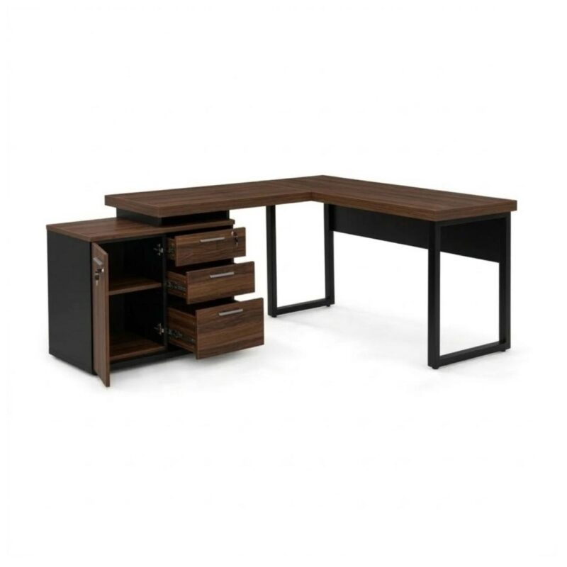 Móveis para Escritório Mesa Escritório em "L" - 1,70x1,50m (Extensível) - com Armário Misto (03 Gav.) - Louro / Preto - 64604 Móveis para Escritório Mesa Escritório em "L" - 1,70x1,50m (Extensível) - com Armário Misto (03 Gav.) - Louro / Preto - 64604