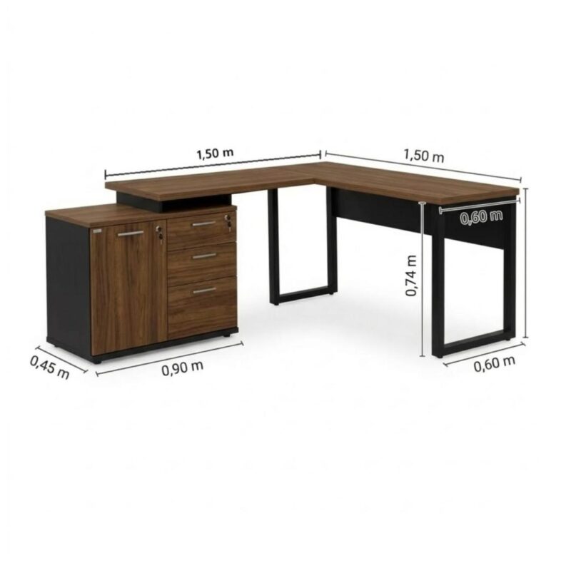 Móveis para Escritório Mesa Escritório em "L" - 1,50x1,50m (Extensível) - com Armário Misto (03 Gav.) - Louro / Preto - 64603
