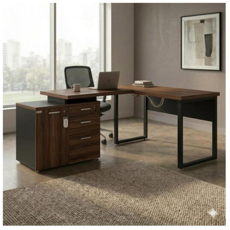 Móveis para Escritório Mesa Escritório em "L" - 1,70x1,50m (Extensível) - com Armário Misto (03 Gav.) - Louro / Preto - 64604