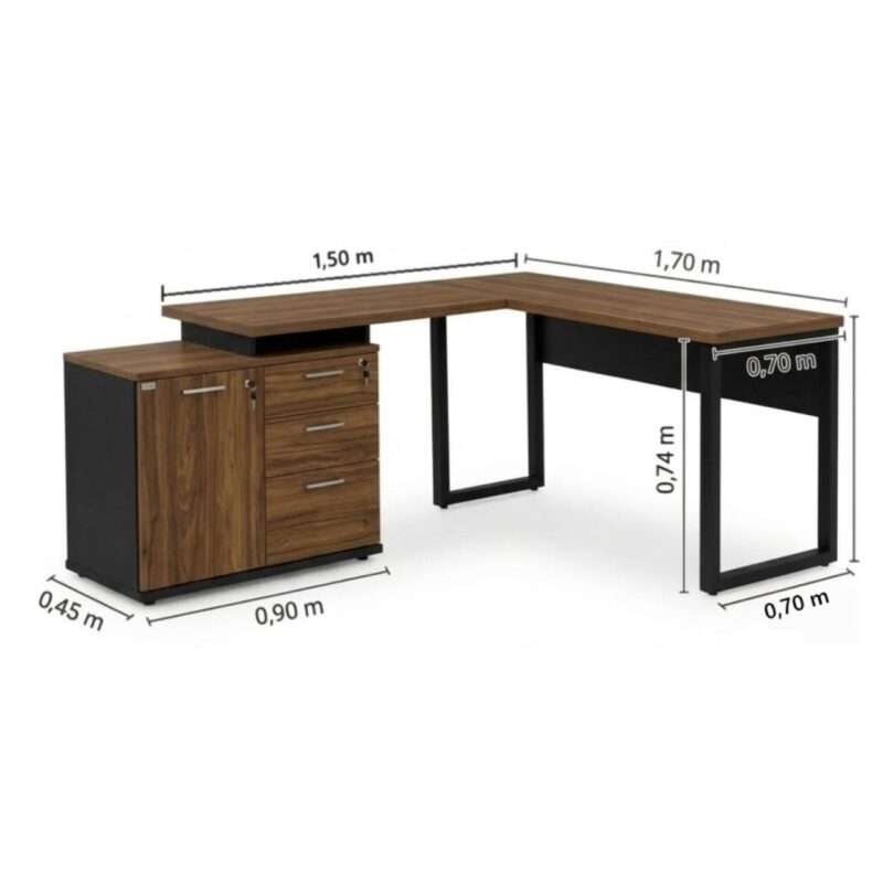 Móveis para Escritório Mesa Escritório em "L" - 1,70x1,50m (Extensível) - com Armário Misto (03 Gav.) - Louro / Preto - 64604