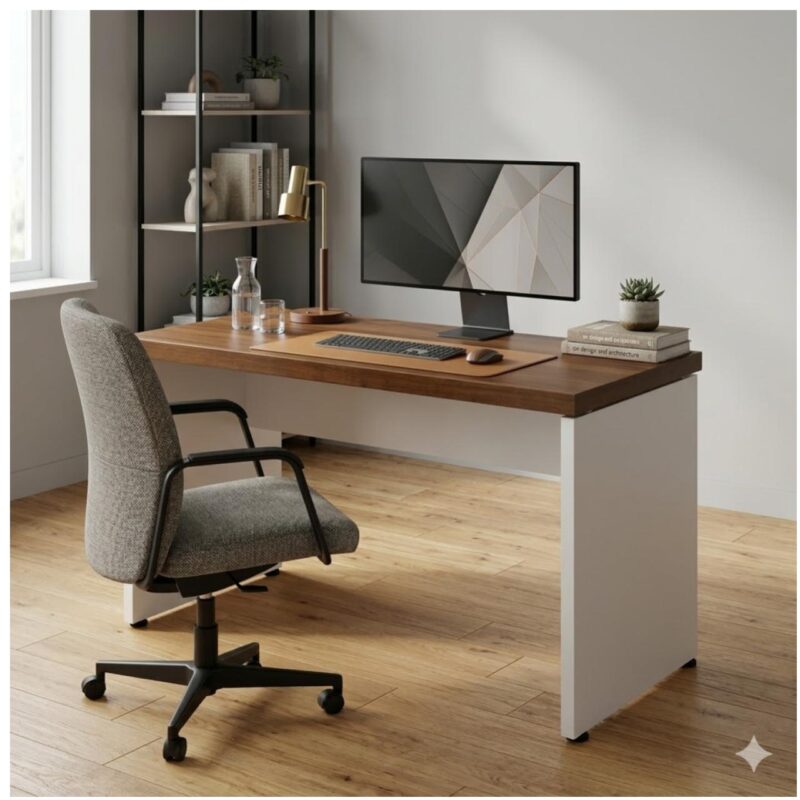 Móveis para Escritório Mesa de Escritório Executiva Reta - 1,20m x 0,60m (Tampo 40mm) - Nogal Sevilha / Champanhe