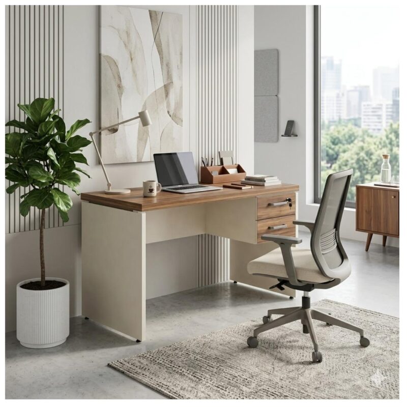 Móveis para Escritório Mesa de Escritório Executiva Reta com Gavetas - 1,20m x 0,60m (Tampo 40mm) - Nogal Sevilha / Champanhe - 34317