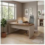 Móveis para Escritório Mesa em L (Mesa 1,50m + Mesa Auxiliar) - S/ Gavetas - (Tampo 40mm) - Nogal Sevilha / Champanhe - 34323
