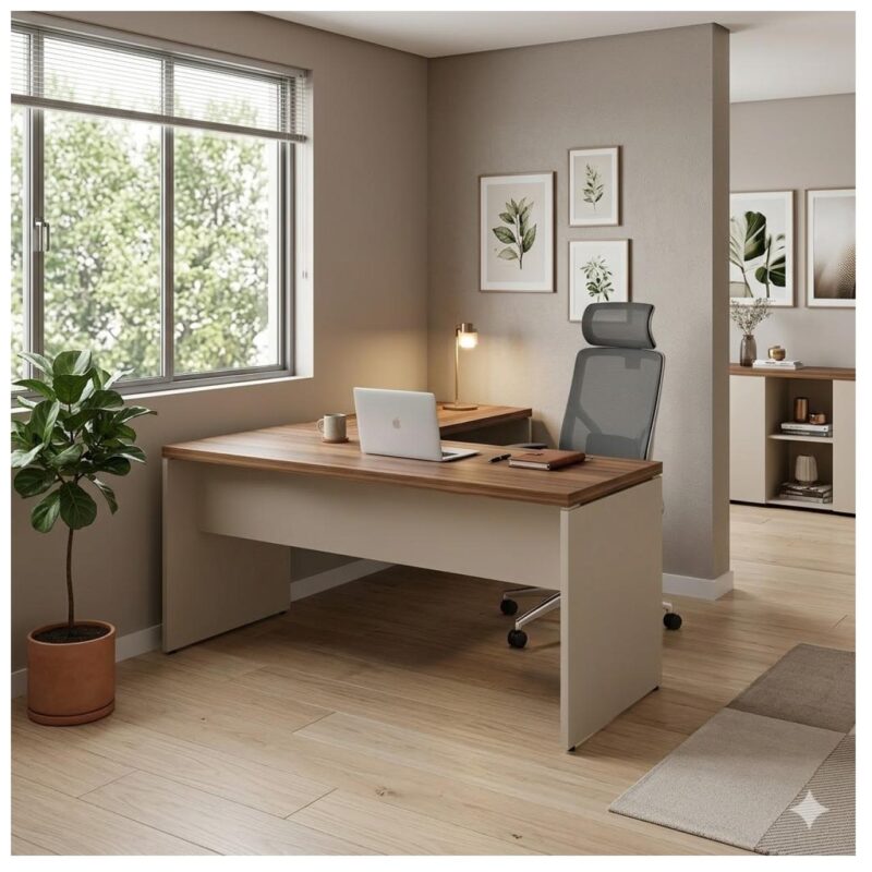 Móveis para Escritório Mesa em L (Mesa 1,70m + Mesa Auxiliar) - C/ Gavetas - (Tampo 40mm) - Nogal Sevilha / Champanhe - 34326