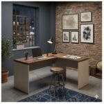 Móveis para Escritório Mesa em L (Mesa 1,50m + Mesa Auxiliar) - S/ Gavetas - (Tampo 40mm) - Nogal Sevilha / Champanhe - 34323