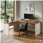 Móveis para Escritório Mesa em L (Mesa 1,70m + Mesa Auxiliar) - C/ Gavetas - (Tampo 40mm) - Nogal Sevilha / Champanhe - 34326