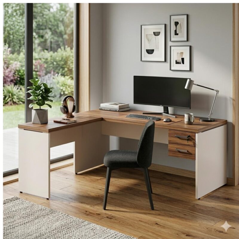 Móveis para Escritório Mesa em L (Mesa 1,50m + Mesa Auxiliar) - C/ Gavetas - WORKSTART - NOGAL SEVILHA/BRANCO - 34324