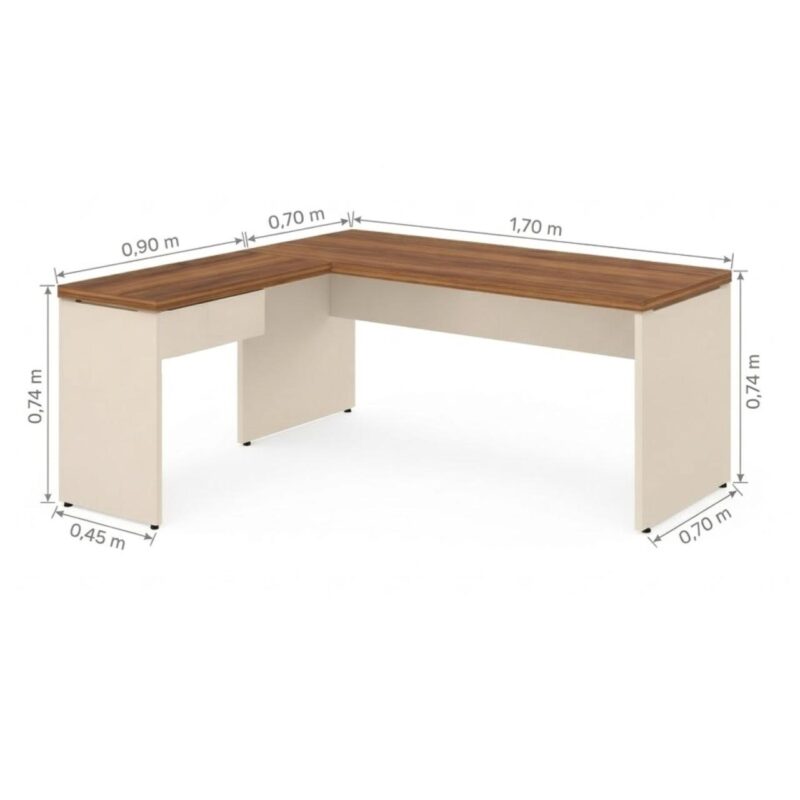 Móveis para Escritório Mesa em L (Mesa 1,70m + Mesa Auxiliar) - C/ Gavetas - (Tampo 40mm) - Nogal Sevilha / Champanhe - 34326