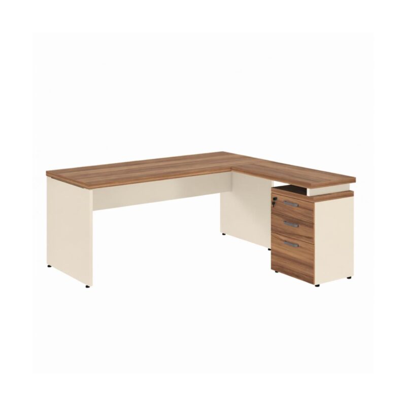 Móveis para Escritório Mesa Escritório em "L" c/ Gavetão na Auxiliar 1,50x1,50m - (Tampo 40mm) - Nogal Sevilha / Champanhe – 34327