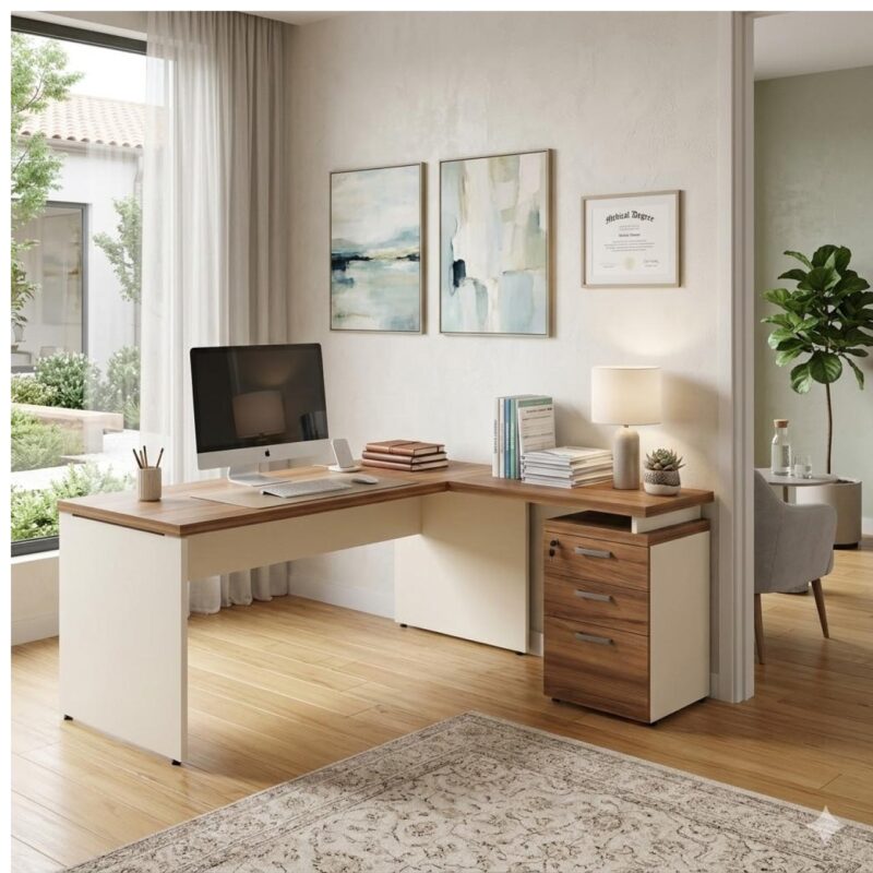 Móveis para Escritório Mesa Escritório em "L" c/ Gavetão na Auxiliar 1,70x1,60m - (Tampo 40mm) - Nogal Sevilha / Champanhe – 34328