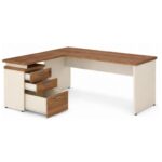 Móveis para Escritório Mesa Escritório em "L" c/ Gavetão na Auxiliar 1,70x1,60m - (Tampo 40mm) - Nogal Sevilha / Champanhe – 34328
