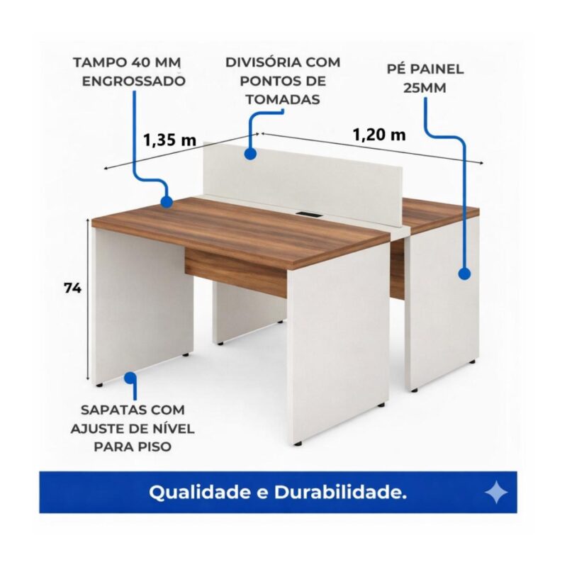 Móveis para Escritório Estação de Trabalho Dupla 1,20m x 1,35m 02 Lugares com Gavetas c/  tomadas Pé Painel - Nogal Sevilha/Champanhe - 34427