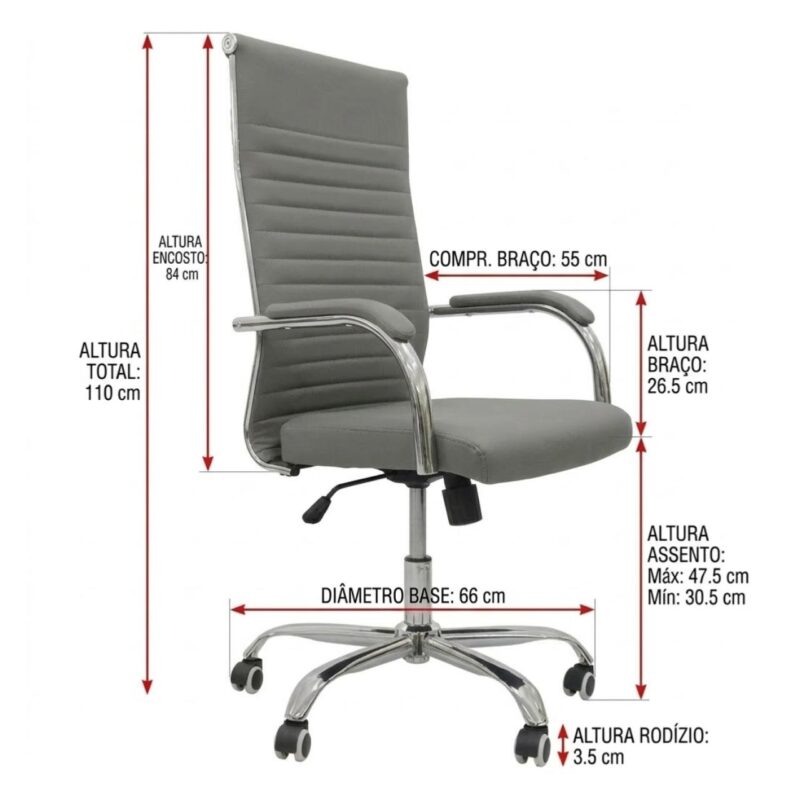 Cadeira Escritório Cadeira de Escritório PRESIDENTE LONDON Giratória - Base Cromada - Corino Cinza - 31090