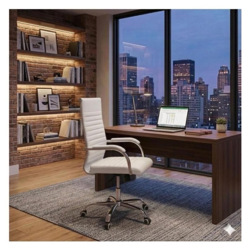 Cadeira Escritório Cadeira de Escritório Presidente LONDON Giratória - Base Cromada - Corino Branco - 31092