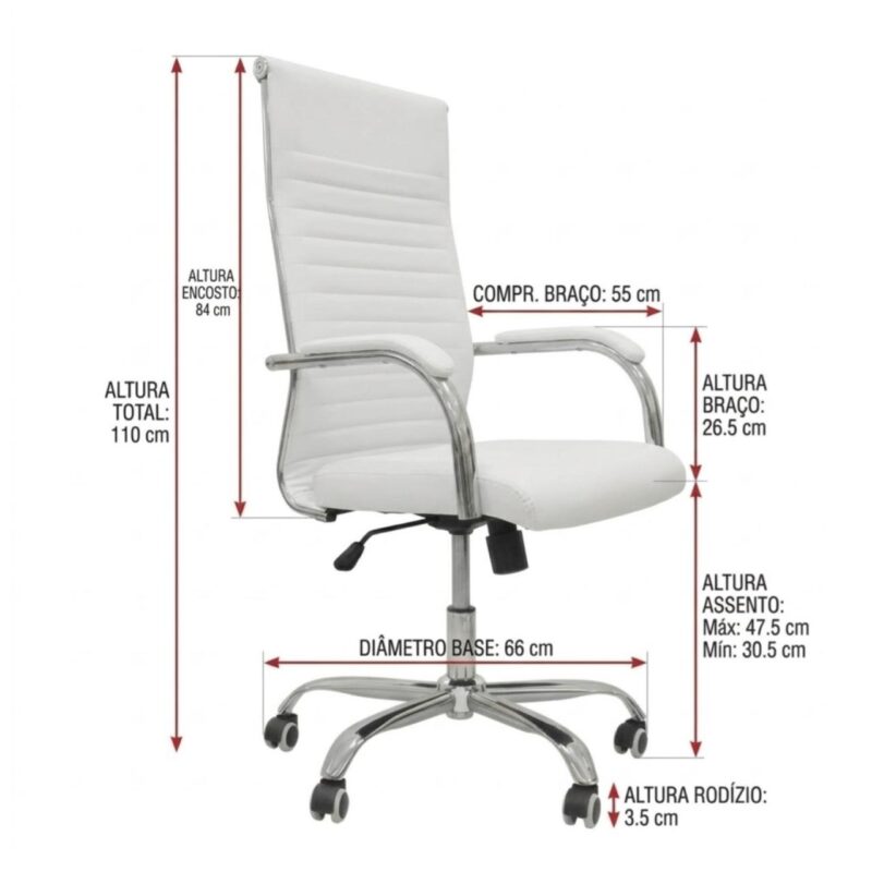 Cadeira Escritório Cadeira de Escritório Presidente LONDON Giratória - Base Cromada - Corino Branco - 31092
