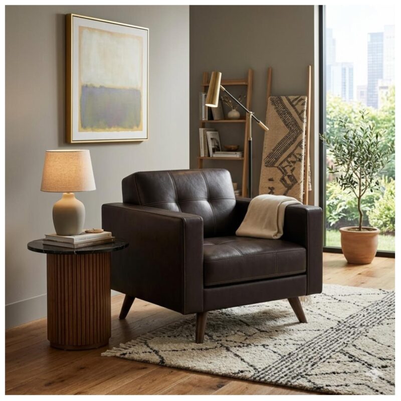 Sofá Escritório Poltrona Decorativa Roma – Design Retrô com Pés Palito - Corino Café - 62400