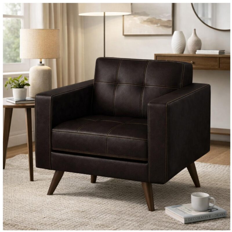 Sofá Escritório Poltrona Decorativa Roma – Design Retrô com Pés Palito - Corino Café - 62400