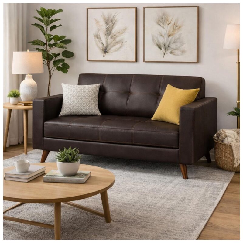 Sofá Escritório Sofá para Escritório 02 Lugares Slim Roma – Design Retrô com Pés Palito - Corino Café - 62401
