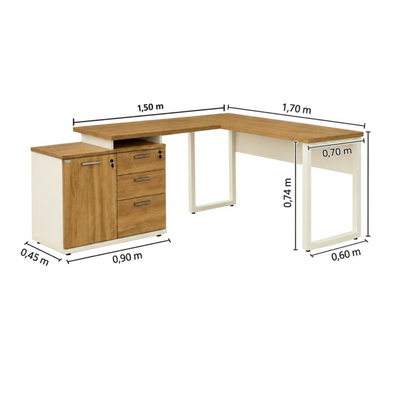 Ilustração da mesa em L com armário misto e cotas de comprimento, profundidade e altura dos componentes.