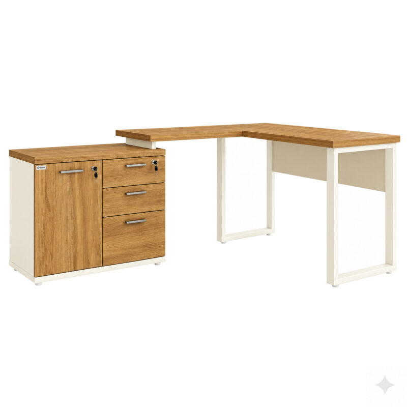 Mesa em L Sevilha e Champanhe com armário à esquerda da imagem, porta e três gavetas fechadas.