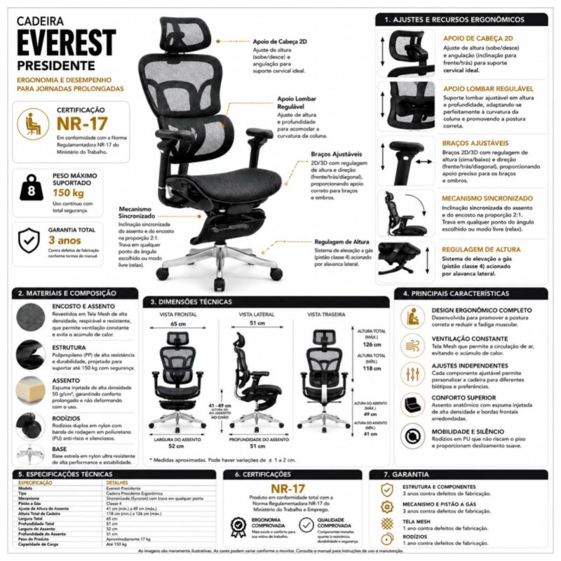 Ficha técnica completa da Cadeira Everest Presidente com NR-17, regulagens, dimensões e capacidade para 150 kg.