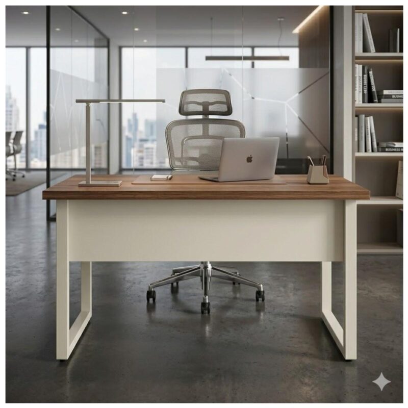 Móveis para Escritório Mesa de Escritório Industrial Amadeirada Pé Quadro 1,50x0,60m - Nogal Sevilha / Champanhe - 34302