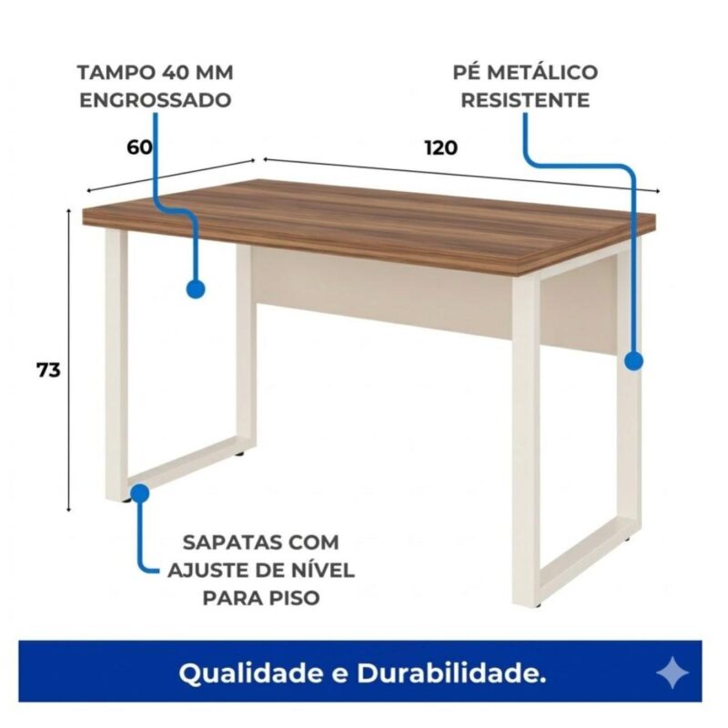 Móveis para Escritório Mesa de Escritório Industrial Amadeirada com Gavetas Pé Quadro 1,20x0,60m - Nogal Sevilha / Champanhe - 34320
