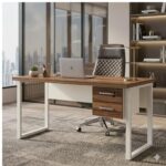 Móveis para Escritório Mesa de Escritório Industrial Amadeirada com Gavetas Pé Quadro 1,50x0,60m - Nogal Sevilha / Champanhe - 34321