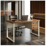 Móveis para Escritório Mesa de Escritório Industrial Amadeirada com Gavetas Pé Quadro 1,50x0,60m - Nogal Sevilha / Champanhe - 34321
