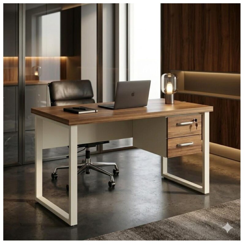 Móveis para Escritório Mesa Escritório PÉ QUADRO 1,70x0,70m -C/ 02 Gavetas - NOGAL SEVILHA / BRANCO - 34322