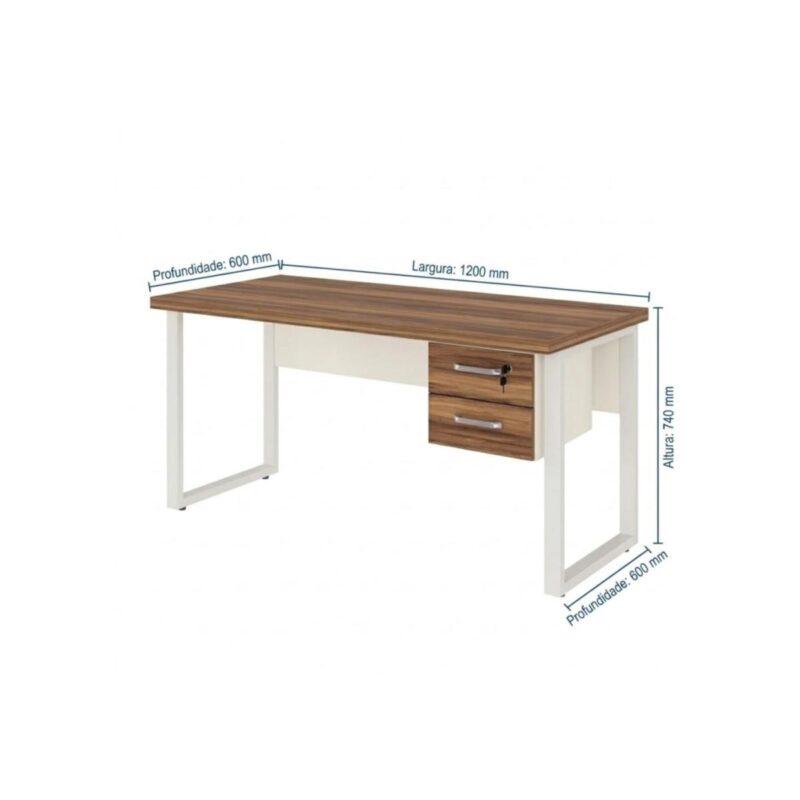 Móveis para Escritório Mesa de Escritório Industrial Amadeirada com Gavetas Pé Quadro 1,20x0,60m - Nogal Sevilha / Champanhe - 34320