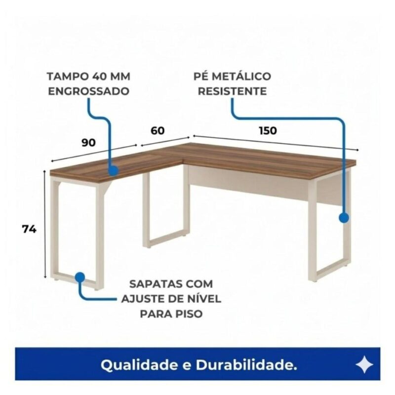 Móveis para Escritório Escrivaninha para Escritório e Home Office Amadeirada C/Gavetas - 1,50x1,50m - Nogal Sevilha / Champanhe - 34330