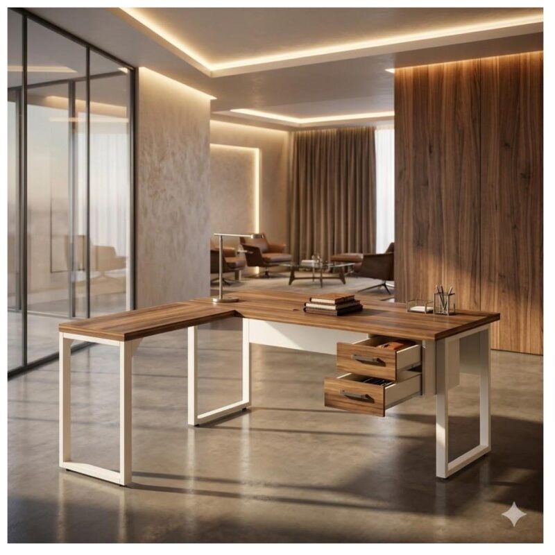 Móveis para Escritório Escrivaninha para Escritório e Home Office Amadeirada C/Gavetas - 1,50x1,50m - Nogal Sevilha / Champanhe - 34330