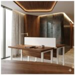 Móveis para Escritório Mesa de Escritório Dupla 40mm com Pé Metálico e Divisória Home Office com Divisória c/ ponto de tomada 1,20x1,35m - Cor Sevilha / Champanhe