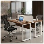 Móveis para Escritório Mesa de Escritório Dupla 40mm com Pé Metálico e Divisória Home Office com Divisória c/ ponto de tomada 1,20x1,35m - Cor Sevilha / Champanhe