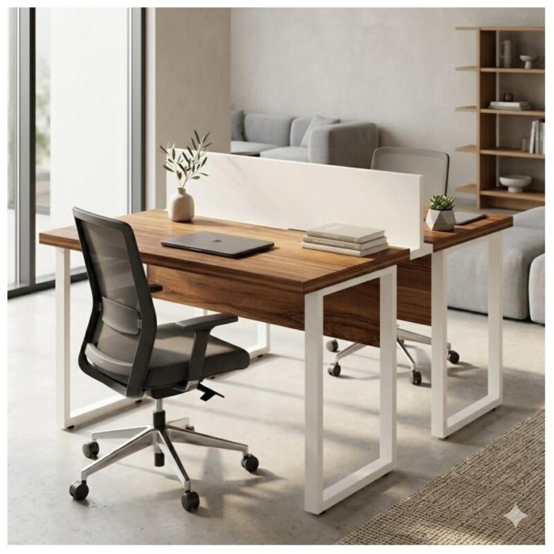 Móveis para Escritório Mesa de Escritório Dupla 40mm com Pé Metálico e Divisória Home Office com Divisória c/ ponto de tomada 1,20x1,35m - Cor Sevilha / Champanhe