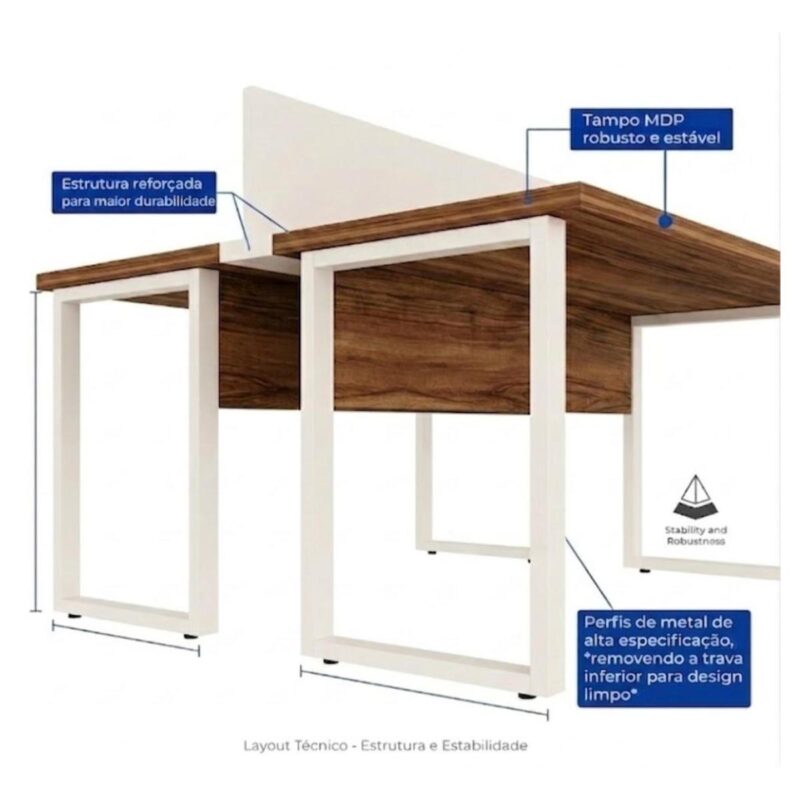 Móveis para Escritório Mesa de Escritório Dupla 40mm com Pé Metálico e Divisória Home Office com Divisória c/ ponto de tomada 1,20x1,35m - Cor Sevilha / Champanhe