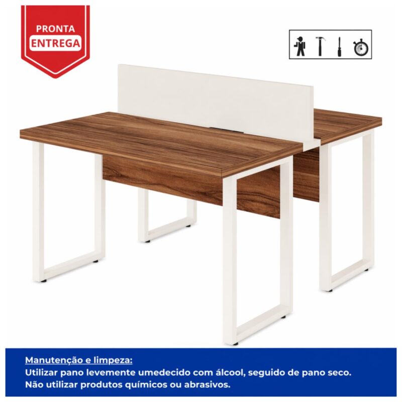 Móveis para Escritório Mesa de Escritório Dupla 40mm com Pé Metálico e Divisória Home Office com Divisória c/ ponto de tomada 1,20x1,35m - Cor Sevilha / Champanhe