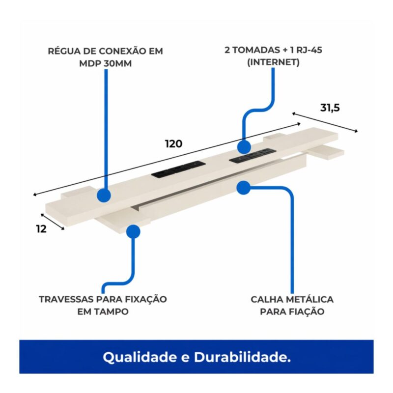 Móveis para Escritório Mesa de Escritório Dupla 40mm com Pé Metálico e Gavetas Home Office c/ ponto de tomada 1,20x1,35m - Cor Sevilha / Champanhe