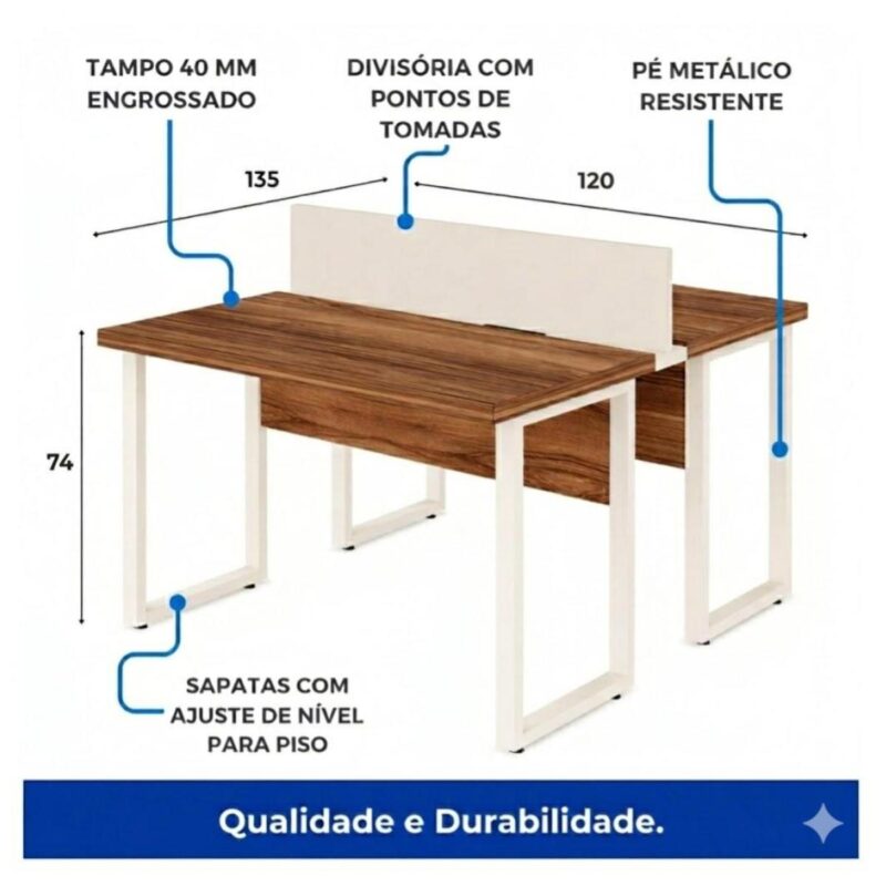Móveis para Escritório Mesa de Escritório Dupla 40mm com Pé Metálico e Divisória Home Office com Divisória c/ ponto de tomada 1,20x1,35m - Cor Sevilha / Champanhe