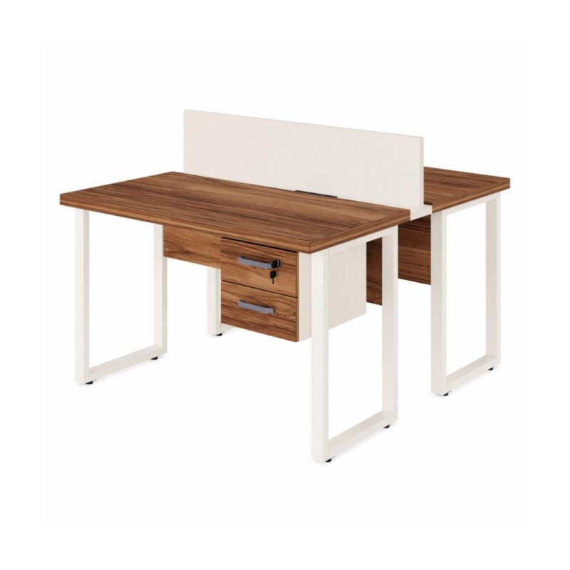 Móveis para Escritório Mesa de Escritório Dupla 40mm com Pé Metálico e Gavetas Home Office c/ ponto de tomada 1,20x1,35m - Cor Sevilha / Champanhe