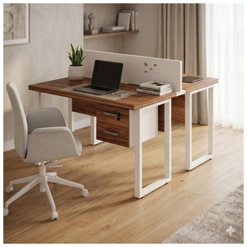 Móveis para Escritório Mesa de Escritório Dupla 40mm com Pé Metálico e Divisória Home Office com Divisória c/ ponto de tomada 1,20x1,35m - Cor Sevilha / Champanhe