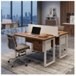 Móveis para Escritório Mesa de Escritório Dupla 40mm com Pé Metálico e Gavetas Home Office c/ ponto de tomada 1,20x1,35m - Cor Sevilha / Champanhe