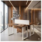 Móveis para Escritório Mesa de Escritório Dupla 40mm com Pé Metálico e Gavetas Home Office c/ ponto de tomada 1,20x1,35m - Cor Sevilha / Champanhe