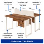 Móveis para Escritório Mesa de Escritório Dupla 40mm com Pé Metálico e Gavetas Home Office c/ ponto de tomada 1,20x1,35m - Cor Sevilha / Champanhe