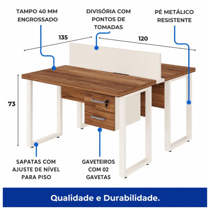 Móveis para Escritório Mesa de Escritório Dupla 40mm com Pé Metálico e Gavetas Home Office c/ ponto de tomada 1,20x1,35m - Cor Sevilha / Champanhe