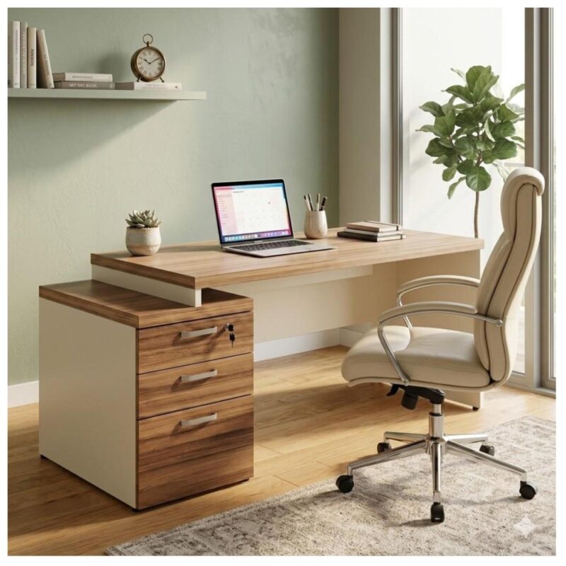 Móveis para Escritório Mesa para Escritório com Gaveteiro 3 Gavetas - 1,92x0,70m – Escrivaninha Home Office Amadeirada - Sevilha / Champainhe - 34405