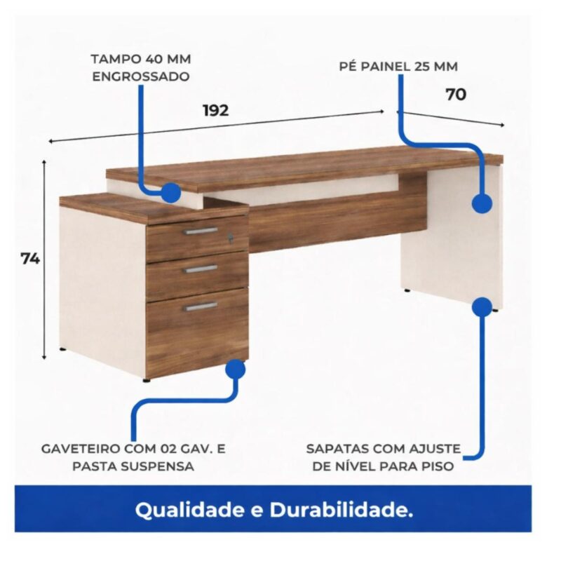 Móveis para Escritório Mesa para Escritório com Gaveteiro 3 Gavetas - 1,92x0,70m – Escrivaninha Home Office Amadeirada - Sevilha / Champainhe - 34405